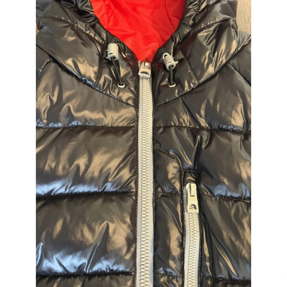 Guess Puffer Jacket Hooded Men's Large Black Red Interior New NWOT